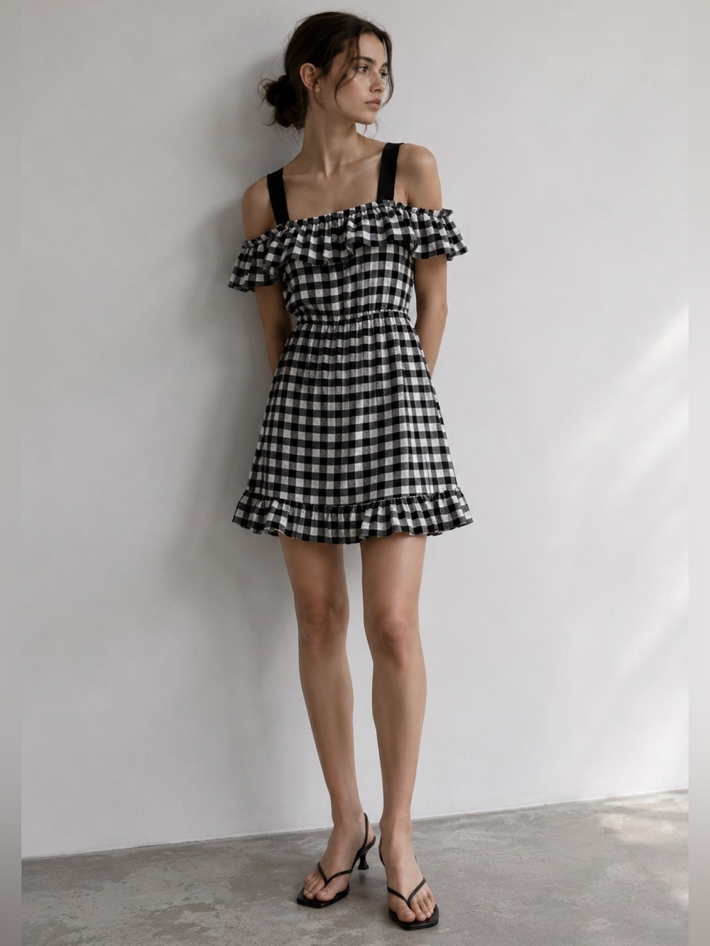Joe Fresh Gingham Ruffle Strap Dress XS NWT Black White Check Summer Mini
